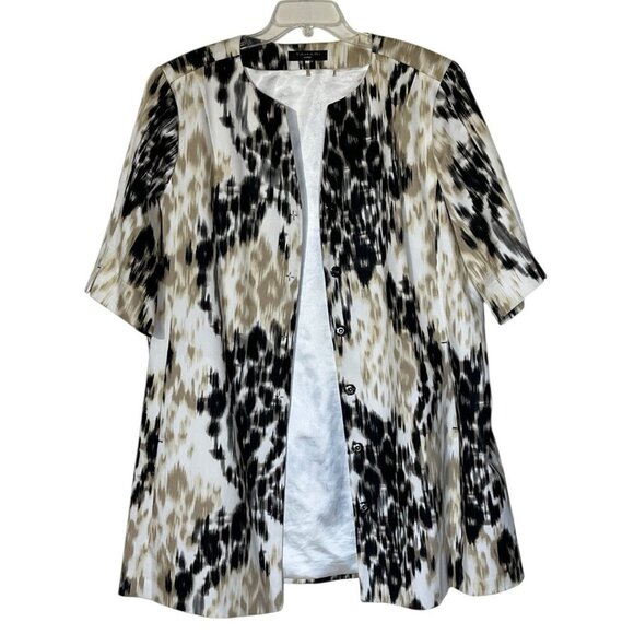 Elie Tahari Jackets & Blazers - Tahari Beige Black Abstract Print Snaps Front Pockets Stretch Duster Coat